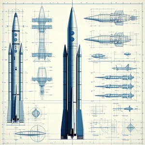 A Blue Rocket Ship Is Shown In A Drawing, With A Smaller Rocket Ship Next To It