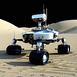A White Robot Is Sitting On A Sandy Surface, Possibly A Desert