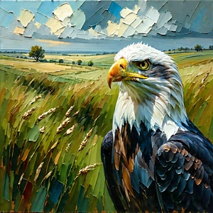 Nature Oil Painting: Eagle In Prairie Grassland With Majestic Bald