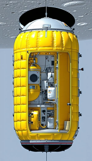 A Yellow And White Spacecraft Is Shown In A 3d View