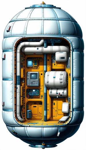 In The Image, There Is A Large, Yellow Spacecraft With A White Interior