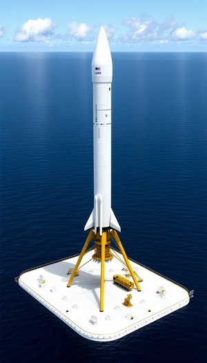 A Large White Rocket Is Sitting On A Platform In The Ocean