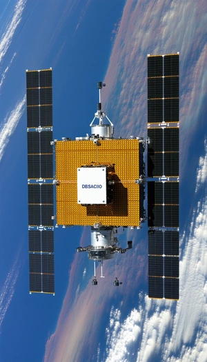 A Spacecraft Is Shown In A Close-up View, With A Large Satellite Dish On The Front