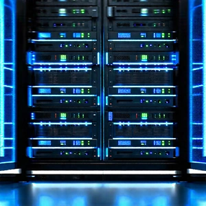 Server rack with blue light (glow:1.42)