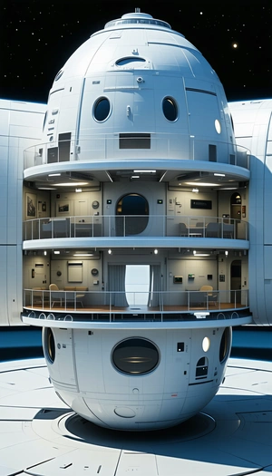A Large White Space Station Is Shown In A 3d Model