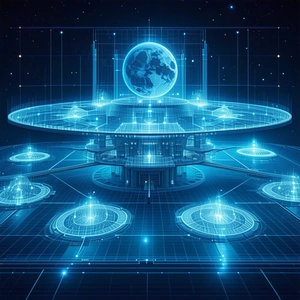 A Futuristic Space Station With A Large, Blue, Circular Structure At Its Center