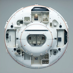 The Image Is A 3d Model Of A Space Station, Showcasing Its Interior And Exterior