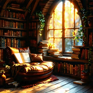 Lifestyle Etching: Reading Nook With Warm (lighting:1.14) With Cozy Reading