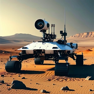 A Large Robotic Vehicle Is Sitting On A Rocky Surface, Possibly A Desert