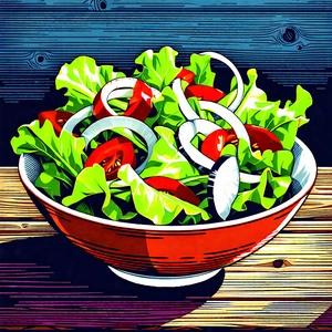 Lifestyle Linocut Print: Fresh Salad Prepared With Artistic Presentation With Large Bowl