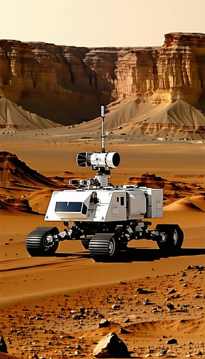 A White Robotic Vehicle, Possibly A Rover, Parked In A Desert-like Environment
