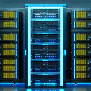 Server rack with blue light glow