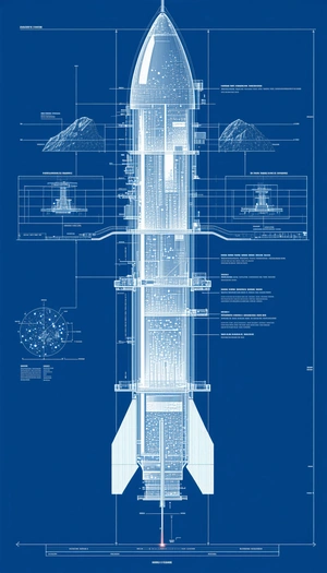 A Blue Diagram Shows The Inside Of A Large Structure, Possibly A Space Shuttle Or A Rocket