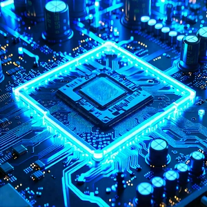 Tech Aerial Photography: Circuit board with blue light glow