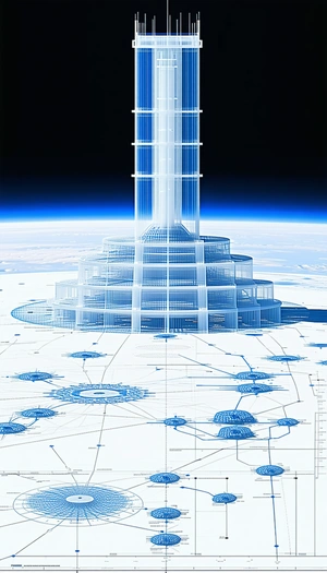A Futuristic Building Is Depicted In A Drawing, With A Large Tower At The Center