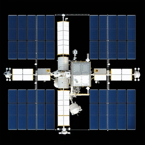 A Space Station With A Large, White, And Blue Structure