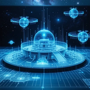 futuristic scene, large, blue