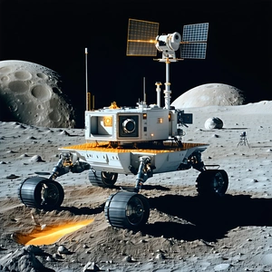 A White Robotic Vehicle Is Parked On The Surface Of The Moon