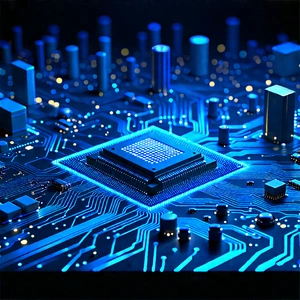 Circuit Board With Digital Particles With Blue White