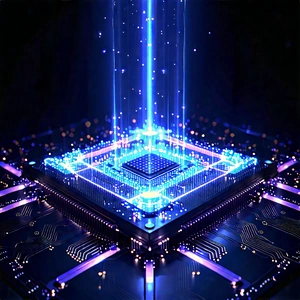 Quantum Computer With Holographic Projection With Futuristic Scene