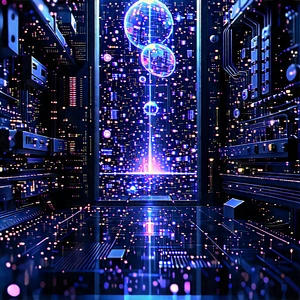 Quantum Computer With Digital Particles With Image, There
