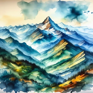 Nature Watercolor Painting: Aerial View Of Mountain Range With Watercolor Painting