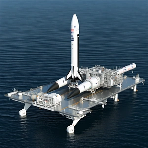 A Large White Space Shuttle Is Docked On A Floating Platform In The Ocean