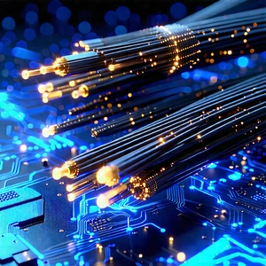 Close-up Of Fiber Optic Cables With Close-up Computer
