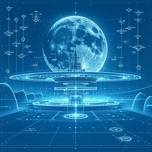 A Blue And White Drawing Of A Moon And A Space Station Is Displayed
