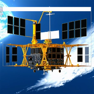 A Yellow Spacecraft Is Shown In A Blue Sky, With A Large Satellite Dish On The Front