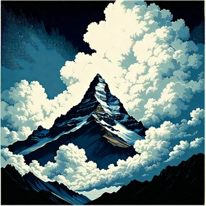 Nature Linocut Print: (dramatic:1.47) Clouds Over (mountain:1.43) Peak With Black White