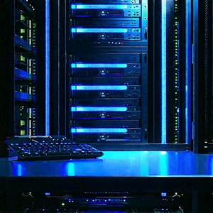 Server rack with blue light glow