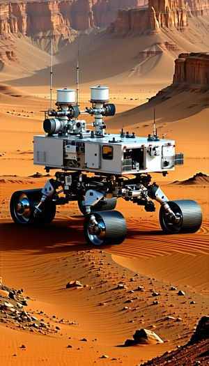 A Large White Robotic Vehicle With Four Wheels, Standing On A Dirt Surface