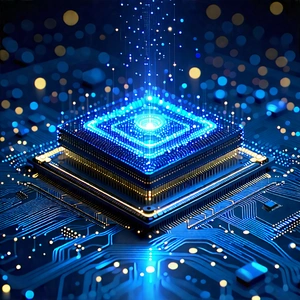 Tech Blueprint Style: Quantum computer with digital particles