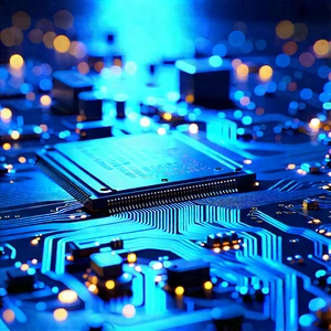 Circuit Board With Blue Light Glow With Close-up Computer