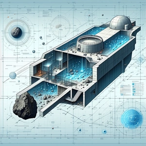 A Futuristic Building Is Depicted In A Blue And White Drawing