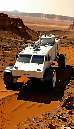 A White Vehicle Is Driving On A Dirt Road In A Desert-like Environment