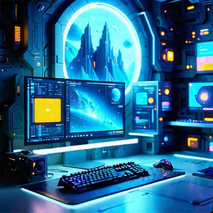 Futuristic Digital Workspace With Image, There