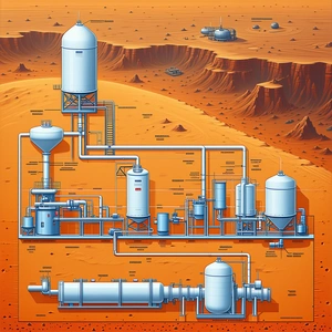 The Image Is A Detailed Drawing Of A Factory Or Industrial Plant, Likely Located On A Distant Planet