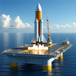 A Large Rocket Ship On A Platform In The Ocean
