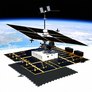 A Large Satellite Is Floating In The Air, With A Large Dish On Top