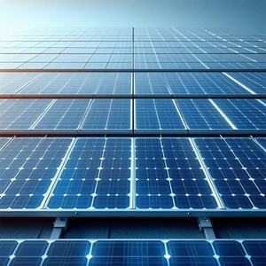 The image features a large solar panel with a blue background.