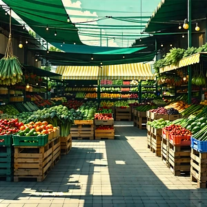 Urban Abstract Design: Urban Farmers Market Scene With Bustling Farmers