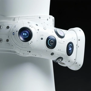 A white object with a camera on it is attached to a white pole.