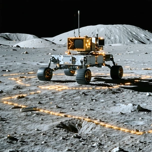 A White Robotic Vehicle, Possibly A Rover, Driving Across A Rocky Terrain
