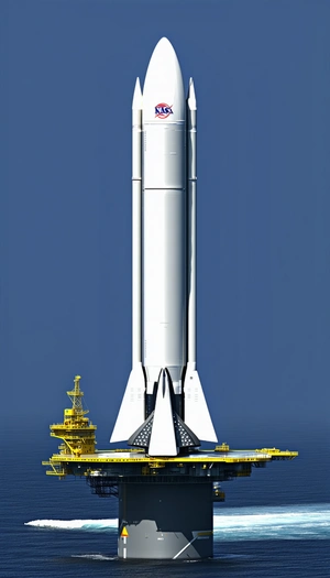 A Large White Rocket Ship, Possibly A Space Shuttle, Sitting On A Platform In The Ocean