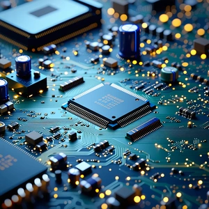 The image features a close-up of a computer chip with a blue and go...