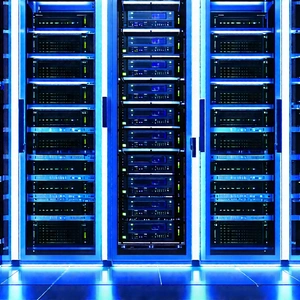Server rack with blue light glow