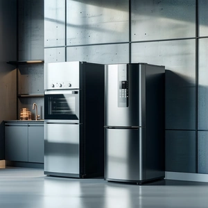 The image features a kitchen with a large refrigerator and a stove ...
