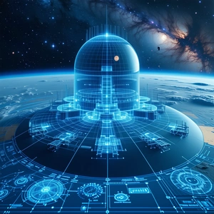 In The Image, There Is A Futuristic Space Station With A Large Dome-shaped Structure At Its Center
